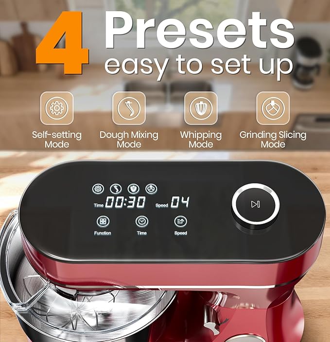 Bonnor Stand Mixer 6QT Kitchen Mixer with LED Smart Touchscreen, 11-Speed Tilt-Head Mixer with Timer, 4 Preset Menus, Stainless Steel Bowl, Dough Hook, Whisk, Beater,Red