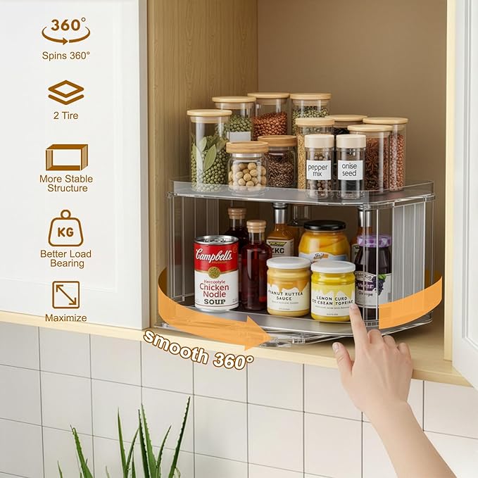 2 Tier Lazy Susan (2 Pack) Kitchen Organizer for Canned Goods Turntable Organizer for Cabinet/Pantry/Kitchen/Countertop/Bathroom/Vanity/Medicine Cabinet Organizer/Refrigerator