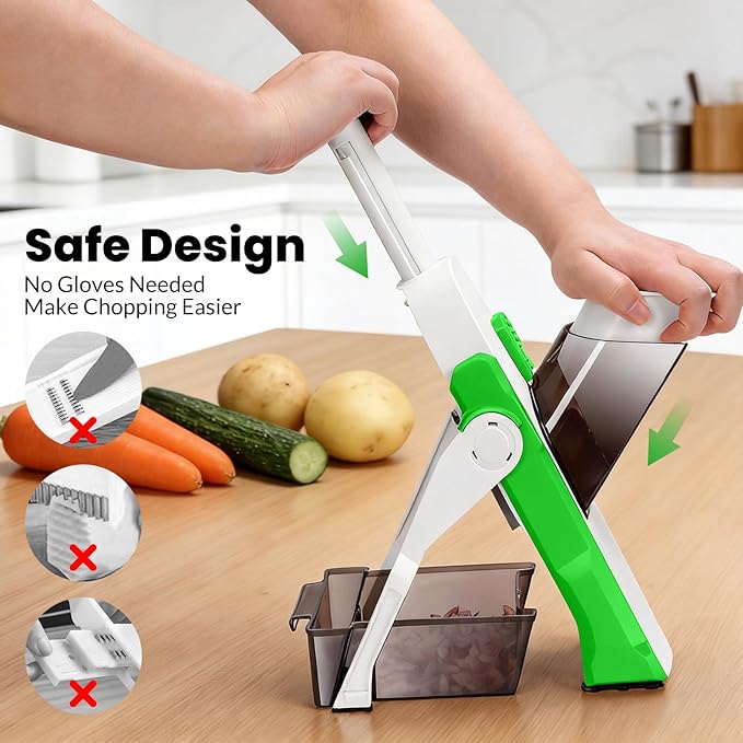 Safe Mandoline Slicer for Kitchen, Multi Vegetable Slicer & Chopper with 4 Modes & 8 Thickness Adjuster, Mandolin Slicer with Cleaning Brush for Potato, Onion (Forest Green)
