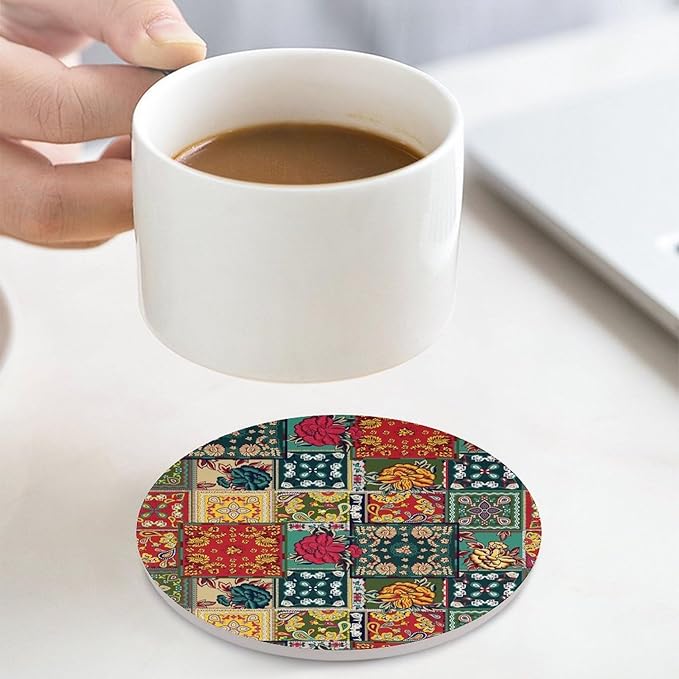 Round-4PCS Floral Drink Coasters, Round Modern Ceramic Absorbent Coasters, Abstract Perris Flower Nature Plant Colorful Boho Floral Decor Desk Coffee Table Coaster for Beverage Cup Tea Coasters