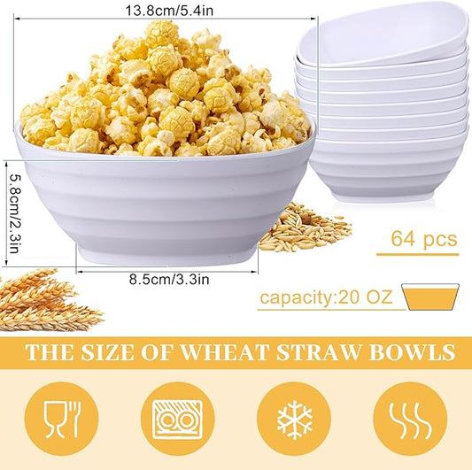 Gejoy 64 Pcs Unbreakable Cereal Reusable Wheat Straw Lightweight Bowls Microwave and Dishwasher Safe Soup Fiber Bowls for Kitchen Serving Salad Rice Snacks (White)