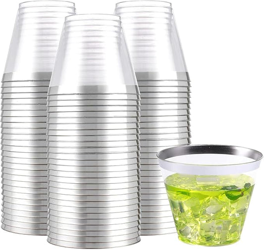 WELLIFE 200pcs Silver Cups, 9OZ Clear Plastic Cups,Plastic Wine Glasses Disposable,Cocktail Glasses for Party and Weddings
