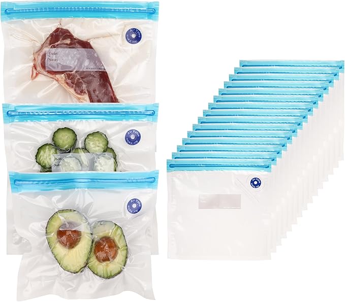 Food Vacuum Sealer Bags – 15 Pack Reusable Bags with Leakproof Zip Seal & Air Valve – Microwave, Freezer & Reusable Sous Vide (Small)