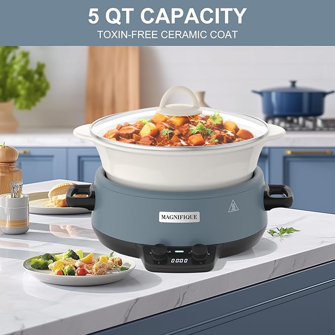 MAGNIFIQUE Small 5 Quart Round Casserole Programmable Slow Cooker with Glazed Ceramic Liner, Food Warmer Perfect Kitchen Small Appliance for Family Dinners, Blue
