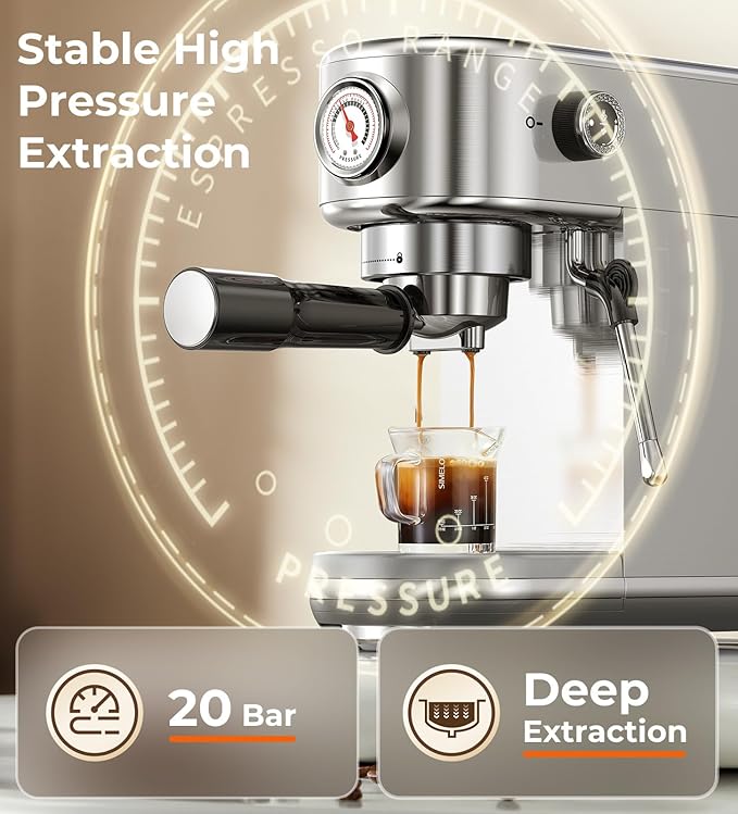 atatix Espresso Machine with Milk Frother, 20 Bar Pressure Espresso Maker, with 44OZ Removable Tank, Compact Stainless Steel Coffee Machine for Home, Office, Latte, Cappuccino, Gift for Women or Men