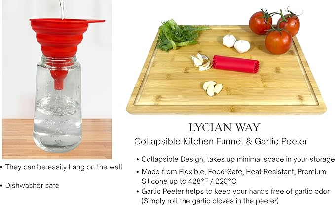 Clip on Strainer Silicone for All Pots and Pans, Colander, Pot Strainer for Pasta, Meat, Vegetables, Space Saving Design, Food-Safe with Collapsible Funnel, Garlic Peeler, 3 Pack (Red)