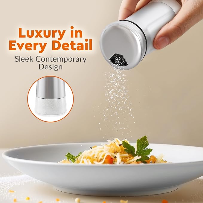 HOME EC Original Glass Salt shaker or Pepper Shaker with Adjustable Pour Holes - Stainless Steel Encased - For salts, ground peppercorns and spices - Great For Farmhouse or RV Camping