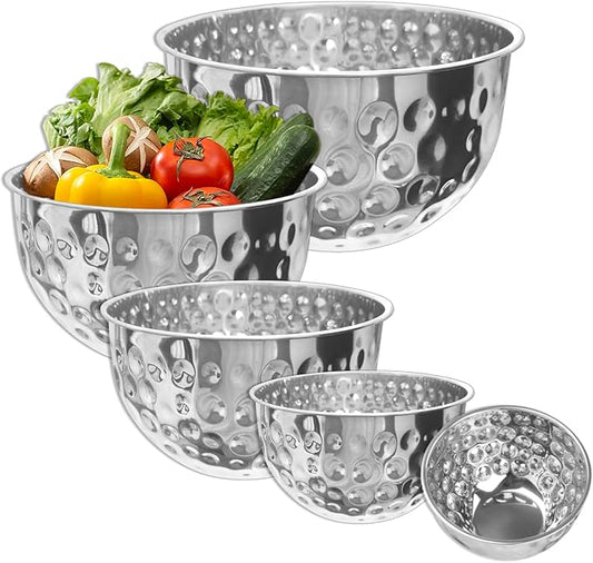 5 Pack Stainless Steel Mixing Bowls Set, Hammered Silver Finish, Nesting Design Metal Salad Bowls Set, 1.6-4.9 QT Capacity, Dishwasher Safe for Cooking, Serving, Food Containers Meal Prep Kit, No Lid