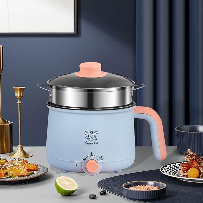 Electric Hot Pot 1.8L Ramen Cooker Cookware Multipurpose Soup Pot Noodles Pot Electric Cooker for Oatmeal Ramen Noodles Steak, Pot Steel Steamer