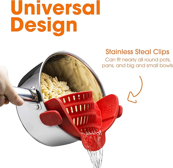 Cheer Collection Silicone Clip on Pot Strainer, Heat-resistant Snap-On Strainer for Pasta, Noodles, Rice, Meats and Vegetables, Red