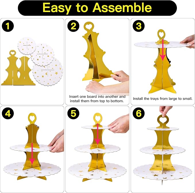 Soleebee 3-Tier Cupcake Stand, Cardboard Cupcake Tower, Dessert Cup Cake Stand Tower for Birthday Wedding Party Decoration, Cupcake Tier Stand 1 Set (Gold Moon and Star)