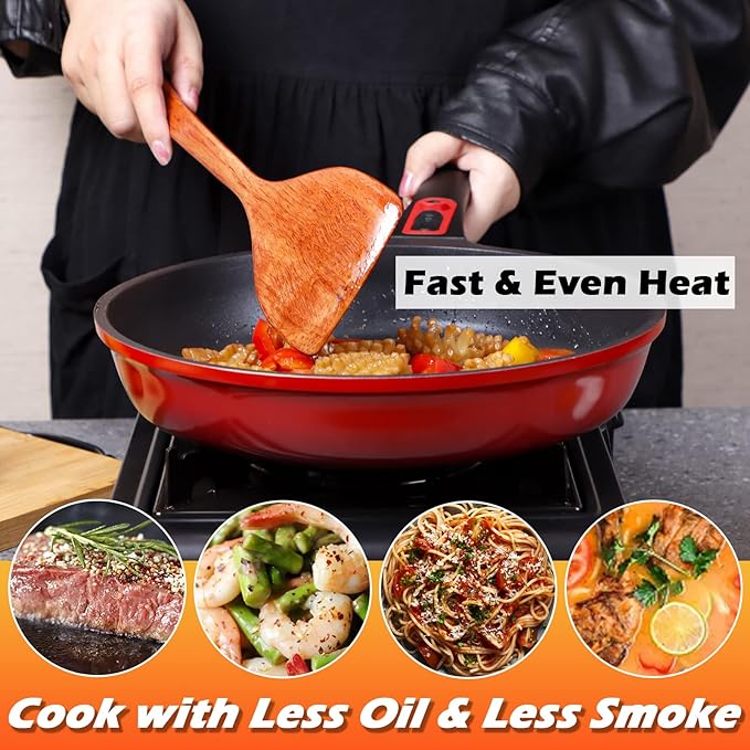 DIIG Nonstick Frying Pan Skillet with Silicone Lid, 11.5 Inch Oven Safe Chef Pan for Cooking Saute Omelet Sauce Pan Cast Aluminum Red Cookware with Stay Cool Handle, Induction All Stoves Compatible