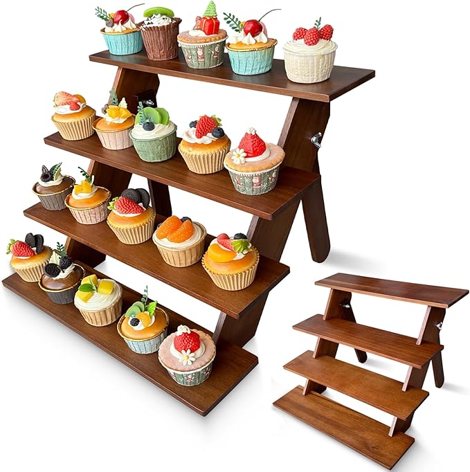 Acacia Wood Cupcake Stand 4 Tier Rustic Wooden Cupcake Stands Cupcake Holder for Wedding, Party Desserts