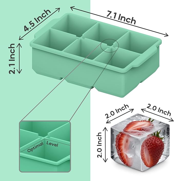 KitchFort Large Silicone Ice Cube Tray (3-Pack), Easy Release 2" Big Ice Cubes - Cocktail, Whiskey Ice Cubes Mold - Ice Trays for Freezer with Lid - Stackable Silicone Ice Tray - Green