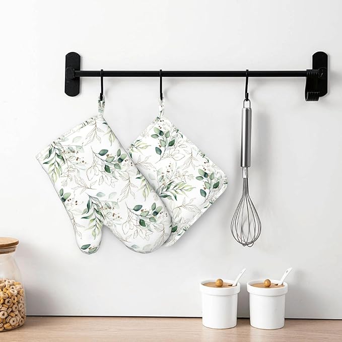 Watercolor Floral Pattern Silicone Oven Mitts and Pot Holders Sets Green and Gold Leaves with Branches Kitchen Mitts Potholder Kitchen Accessories for Cooking Baking BBQ
