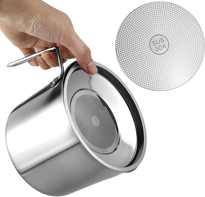 QWORK 1.8L Stainless Steel Grease Container with Fine Mesh Strainer, 61oz Bacon Oil Can for Kitchen Cooking Oil & Fat Storage, Heat Resistant 304 Stainless Steel Oil Filter Pot