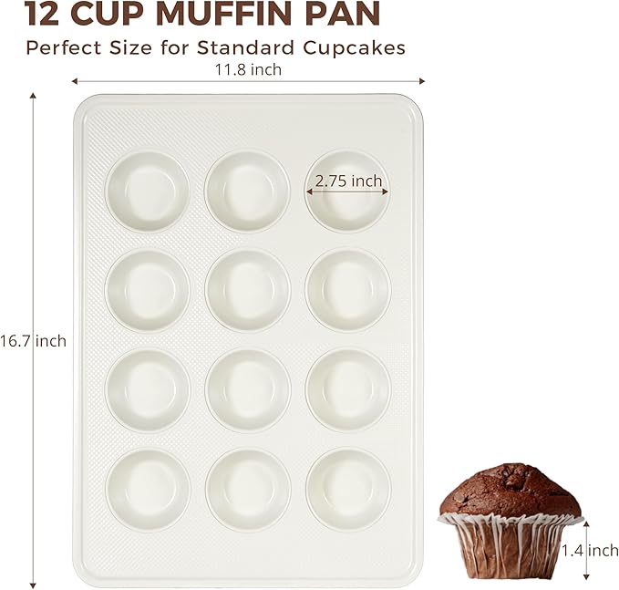 HONGBAKE Nonstick Ceramic Muffin Pan, 12 Cup Muffin tin for Baking, Non-toxic Cupcake Pan, Heavy-duty Aluminized Steel Cupcake Tray with Diamond Texture, Easy To Clean, Cream
