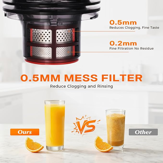Cold Press Juicer, 5.5" Wide Feed Chute Juice Machine, High Juice Yield, Slow Masticating Juicer for Whole Vegetables & Fruits,Concealed Pulp Container Design for Aesthetic Appeal and Practicality