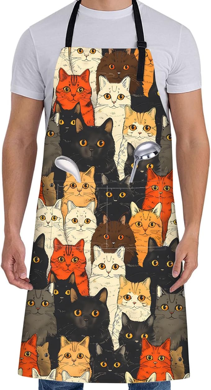 Cute Cat Faces Apron for Women,28x33in,Fun Kitten Kitchen Aprons with 2 Pockets,Oxford Fabric,Animal Playful Adjustable Apron for Cooking Baking Gardening Chef,Gifts for Mom Wife