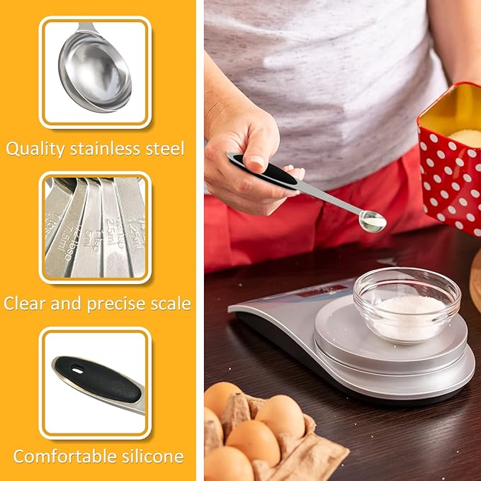 LEIFENY 2PCS 1/4 Tsp(1.25ml) Single Measuring Spoon with Black Silicone Grip, Stainless Steel Individual Measure Scoop Only