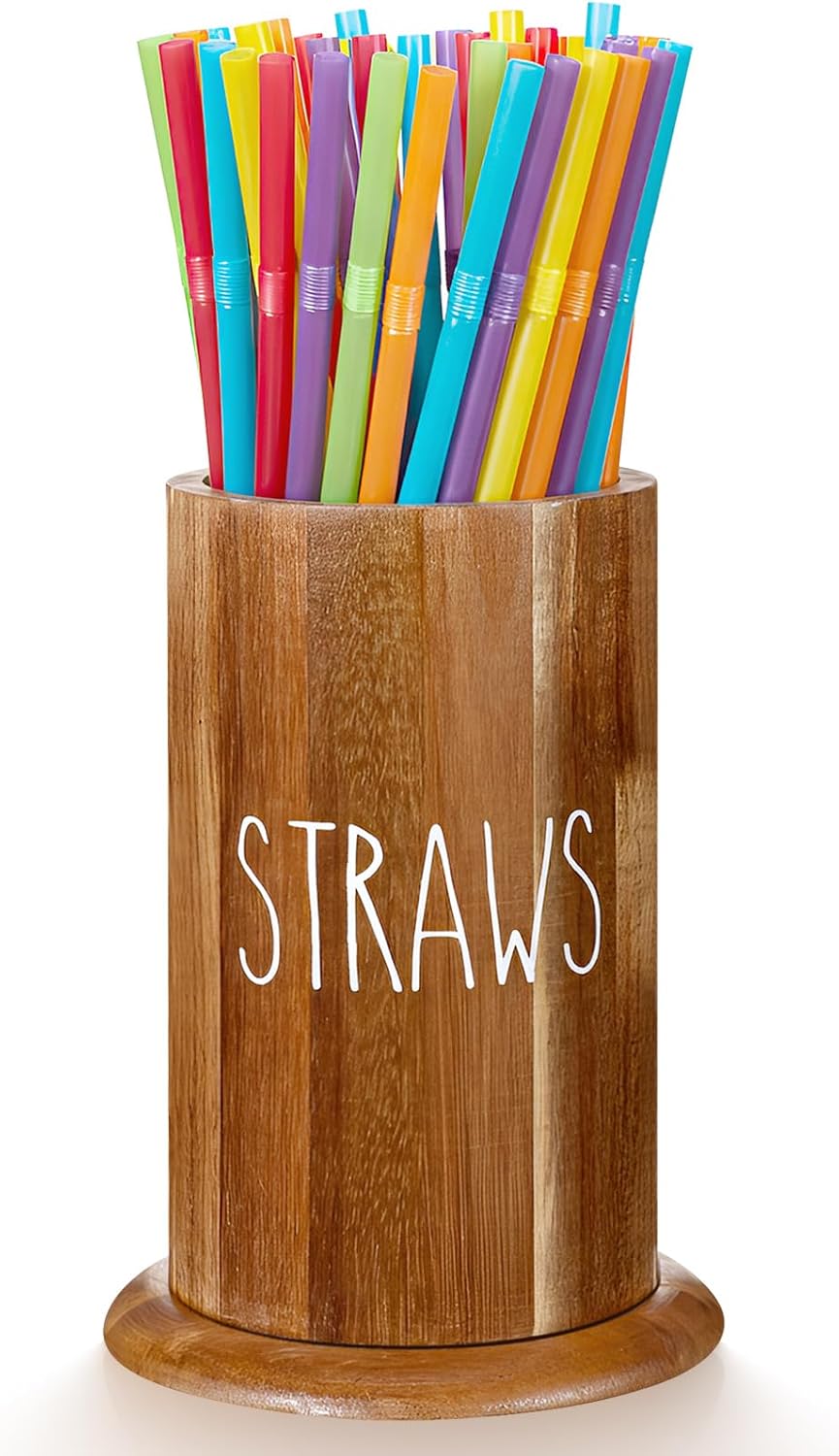 LemonRoad Straw Holder Dispenser Acacia Wood Straw Holder for Counter Large Utensil Organizer for Kitchen Flatware and Spatula Storage Organizer for Coffee Bar Party Countertop Pantry and Bathroom