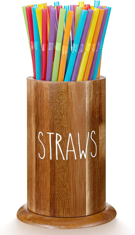 LemonRoad Straw Holder Dispenser Acacia Wood Straw Holder for Counter Large Utensil Organizer for Kitchen Flatware and Spatula Storage Organizer for Coffee Bar Party Countertop Pantry and Bathroom