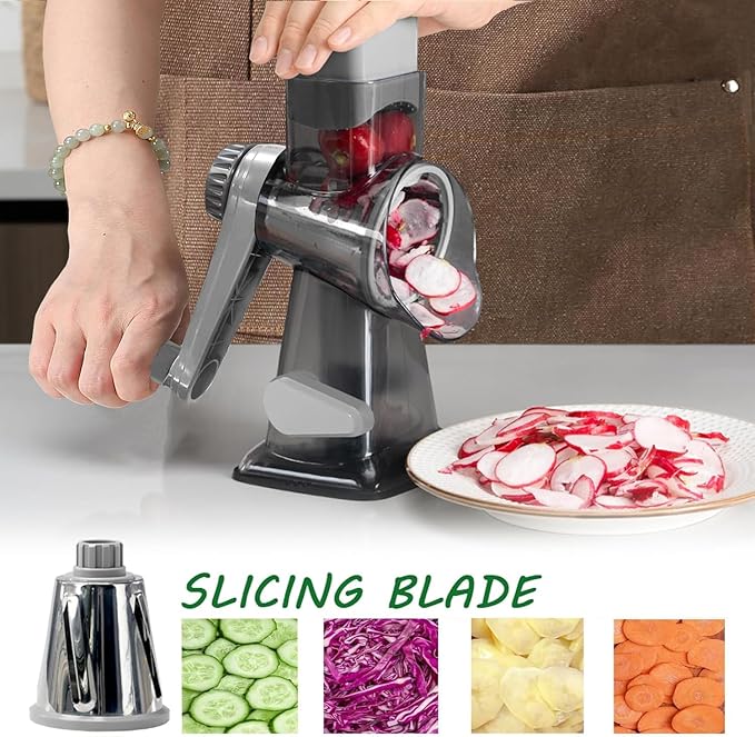 Cheese Grater Rotary Cheese Grater,Versatile Cheese Shredder,Blades for Shredding, Grating, Slicing,Cheese Shredder with Suction Base and Cleaning Brush Kitchen Gift (gray)