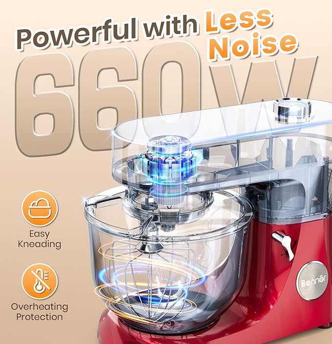 Bonnor Stand Mixer 6QT Kitchen Mixer with LED Smart Touchscreen, 11-Speed Tilt-Head Mixer with Timer, 4 Preset Menus, Stainless Steel Bowl, Dough Hook, Whisk, Beater,Red