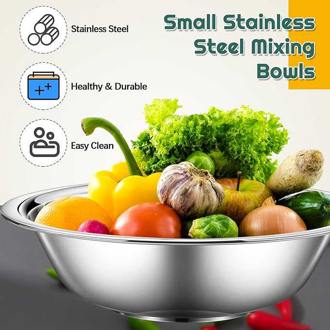 Tioncy 30 Pack Small Stainless Steel Mixing Bowls, 6.3 Inch Wide Nesting Prep Bowls Set with Flat Base for Sauces Serving Soup Snack Salad, 3/4 Quart Meal Cooking Baking, Reusable and Dishwasher Safe