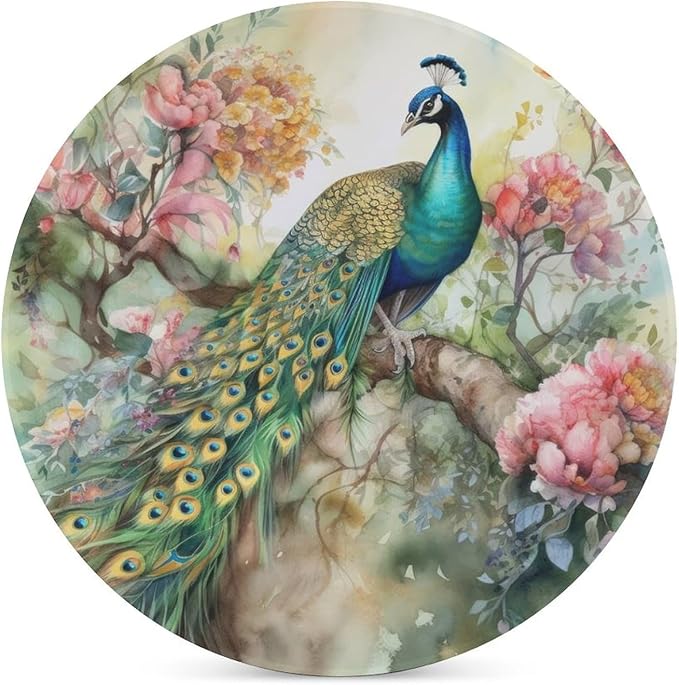 Round-4PCS Peacock Ceramic Coasters, Round Absorbent Drink Coasters, Vintage Watercolor Style Floral Beautiful Peacock Ceramic Table Coasters for Coffee, Beverage, Wine, Beer Coasters
