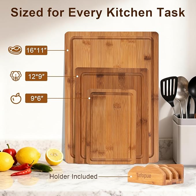 Tafopue Cutting Board Set with Holder, Space Saving Kitchen Bamboo Chopping Boards, Build in Juice Groove and Grip Handle, Durable Wooden Serving Board for Meal Prep & Charcuterie, Gift Idea