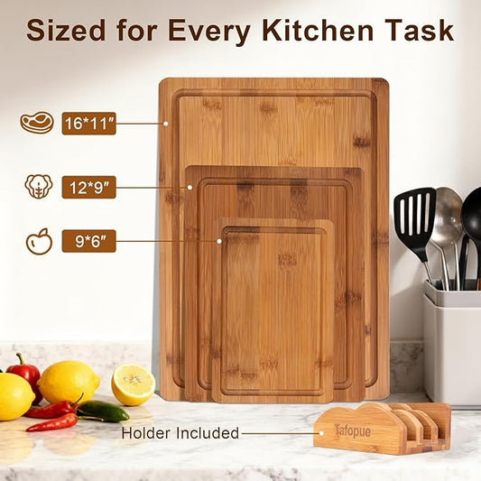 Tafopue Cutting Board Set with Holder, Space Saving Kitchen Bamboo Chopping Boards, Build in Juice Groove and Grip Handle, Durable Wooden Serving Board for Meal Prep & Charcuterie, Gift Idea