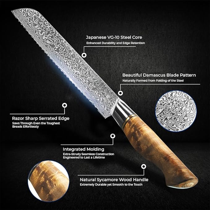 SENKEN 8" Damascus Steel Bread Knife - Dynasty Collection - 67-Layer Japanese VG10 Steel with Sycamore Wood Handle, Razor Sharp Serrated Edge (Damascus Bread Knife)