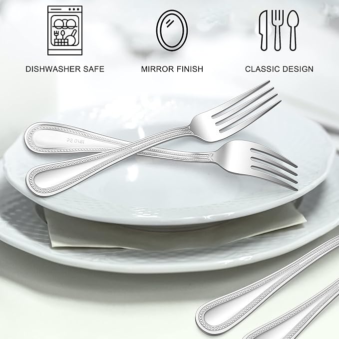 E-far Salad Forks Set of 12, 6.9 Inch Pearled Edge Dessert Forks Stainless Steel Suitable for Party, Home, Kitchen and Restaurant, Non-toxic & Mirror Polished, Dishwasher Safe