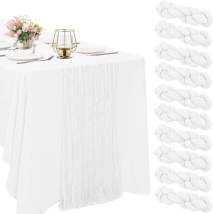 10 Pack White Cheesecloth Table Runner 10FT Boho Gauze Fabric Table Runner Vintage Rustic Sheer Runners for Wedding Party Bridal Baby Shower Long Table Decorations