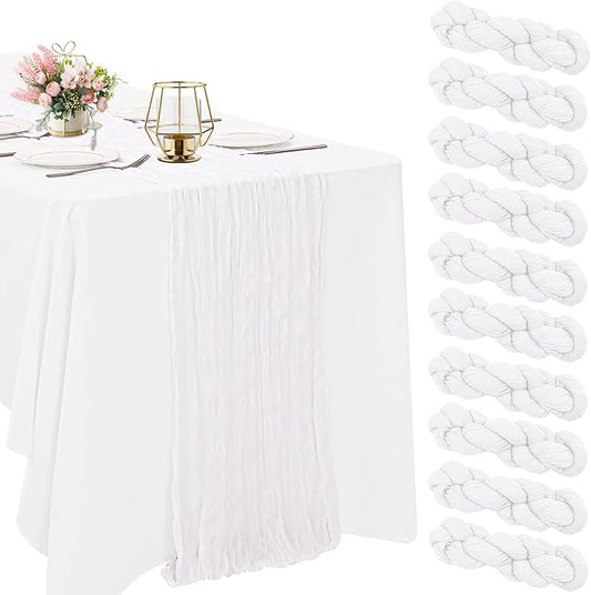 10 Pack White Cheesecloth Table Runner 10FT Boho Gauze Fabric Table Runner Vintage Rustic Sheer Runners for Wedding Party Bridal Baby Shower Long Table Decorations