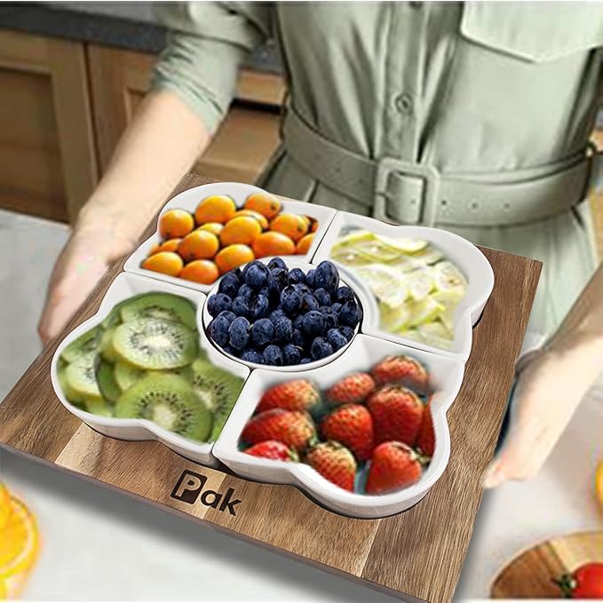 Pak Acacia Wood Serving Tray, 12" Square, Natural Brown & White, 5-Piece Set, Dishwasher Safe, Freezer & Microwave Safe, Perfect for Appetizer, Veggie, Taco, Fruit Platter