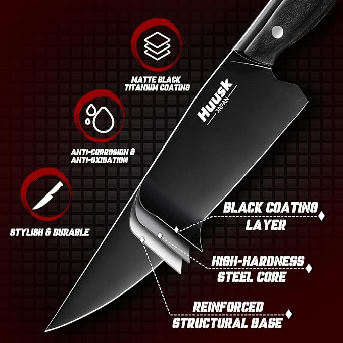 Huusk Japanese Chef Knife for Kitchen - 8in Stainless Kitchen Knife with Black Titanium Coating, All Purpose Cooking Knives for Vegetable & Meat Cutting, Ultra Sharp Gyuto Knives, Men's Christmas Gift