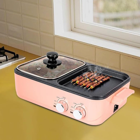 Electric Hot Pot with Grill, 2-in-1 Indoor Electric Grill & Hot Pot Combo, Nonstick Pan For Boiling & Frying for Korean BBQ, Steaks, Shabu Shabu Vegetables Noodles, (Pink)