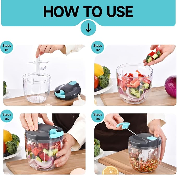Ziweaye Manual Food Processor Vegetable Chopper, Portable Hand Pull String Garlic Mincer Onion Cutter for Veggies, Ginger, Fruits, Nuts, Herbs, etc., （900ml,Gray-blue）
