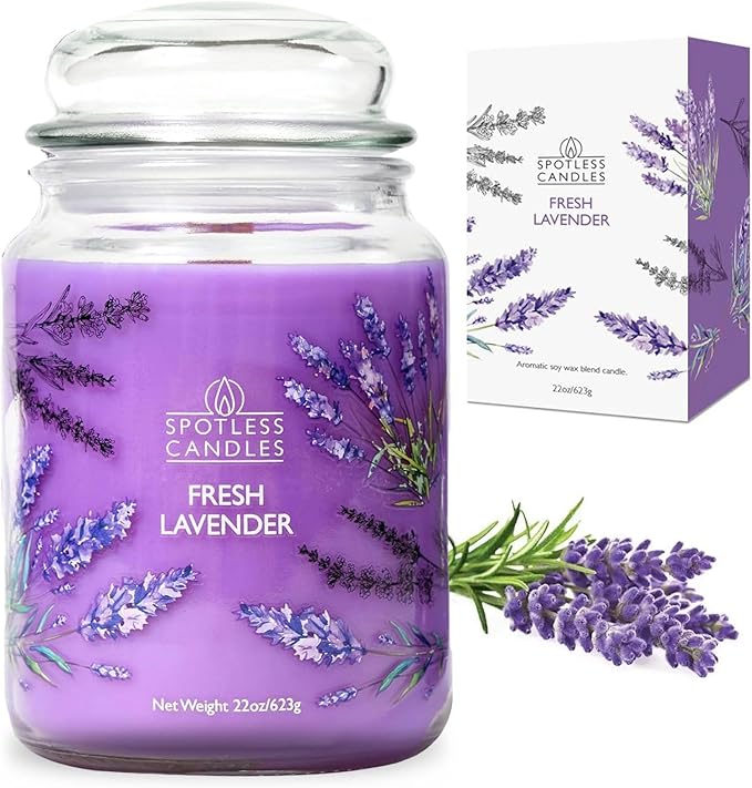 Fresh Lavender Candle 22oz Glass Jar with Wooden Wick in a Decorated Jar Within a Presentation Gift Box and Protective Shipping Box
