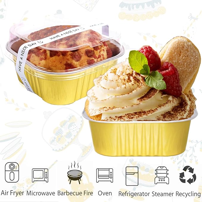 BZIDII 10oz Mini Cake Pans With Lids 50 Pack Aluminum Foil Square Brownie Baking Cups,Disposable Loaf Pans With Lids and Spoons Stickers,Large Cupcake Pans Muffin Tins Cake Container (Gold)