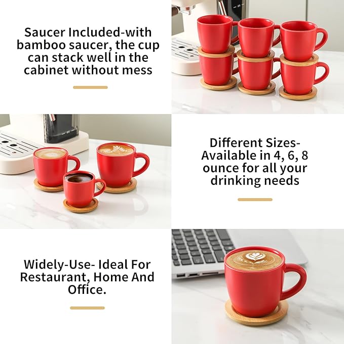 HASENSE Cappuccino Cups with Bamboo Saucers Set of 6, 8 OZ Ceramic Espresso Cups with Handle for Double Shot, Latte, Mocha, Stackable Coffee Cups for Cafes, Home and Office, Red