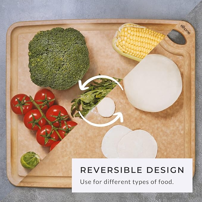 Elihome Classic Series Cutting Board for Kitchen- Natural Wood Fiber Composite, Dishwasher Safe, Eco-Friendly, Juice Grooves, Non-Porous, Reversible, BPA Free, Made in USA, 13"x 10" Medium- Natural