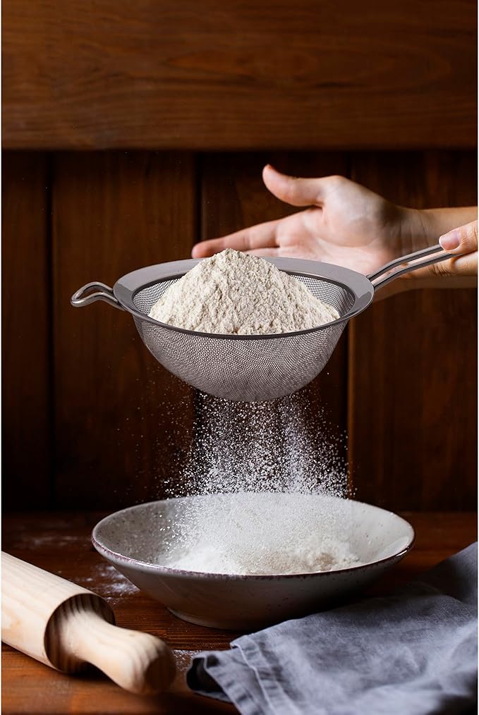 HIC Kitchen Fine Double Mesh Strainer, 18/8 Stainless Steel, 7-Inch, For Sifting Baking Ingredients, Straining, And Draining Stocks, Soups, And Sauces