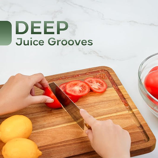 Howizz Acacia Wood Cutting Board, Set Of 3 Edge Grain Solid Wood Butcher Block For Kitchen Meal Prep & Serving, Chopping Boards Deep Juice Groove & Built-In Handles, Gift for Home, Gift-Ready Box