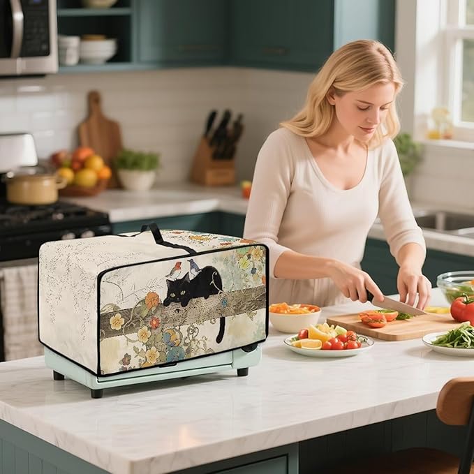 Doojoayie Black Cat Coffee Appliance Dust Cover 8 Slice Toaster Cover Small Appliance Dust Protector for Toaster Oven/Bread Making Machine/Air Fryer