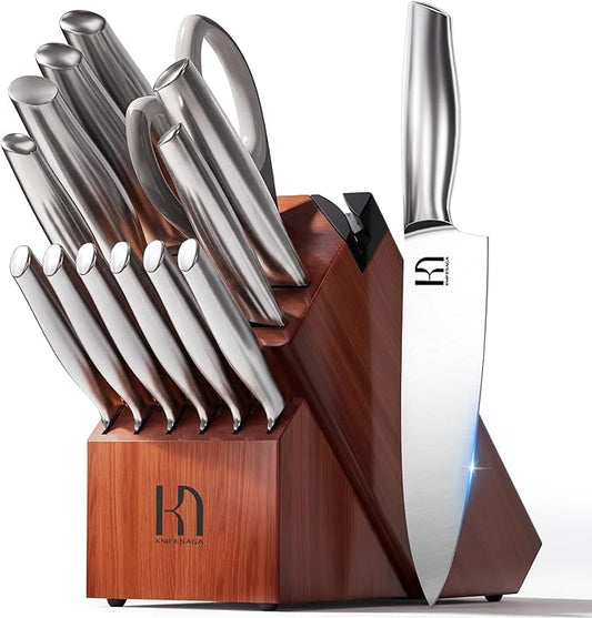 Knife Set Premium, Japanese High Carbon Stainless Steel 14 Pcs Kitchen Knives Block Set with Built-in Sharpener and Wood Block, Razor Sharp Knife Sets for Kitchen with Ergonomic Handle