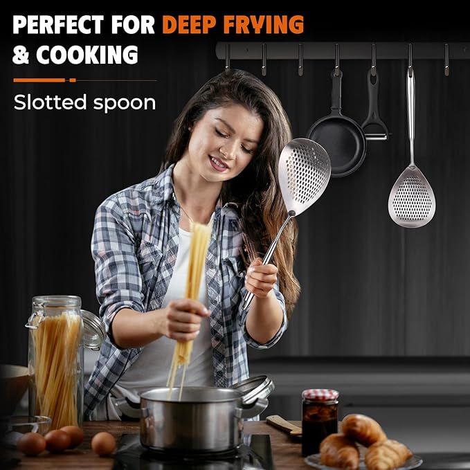 Skimmer Slotted Spoon -16.5" 304 Stainless Steel Pasta Spider Strainer Skimmer Ladle Spoon for Cooking and Frying - Kitchen Metal Scoop Colander Strainer Spoon with Heat Resistant Handle