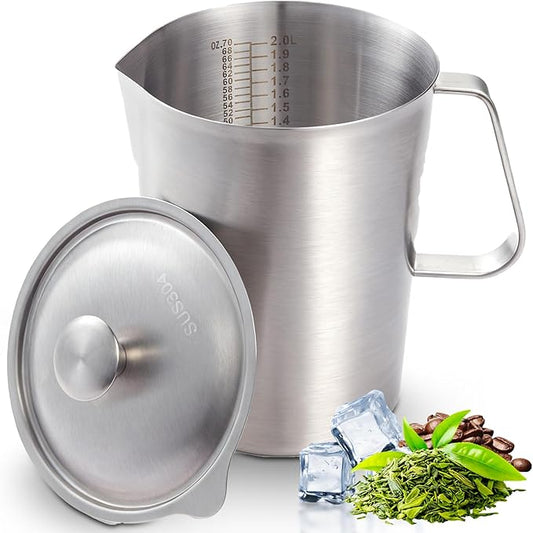 Stainless Steel Water Pitcher with Lid, 2L Stainless Steel Pitcher 8 Cup Metal Measuring Cup with Handle, Large 70 oz Milk Frothing Pitchers for Coffee, Iced Tea, Hot & Cold Water